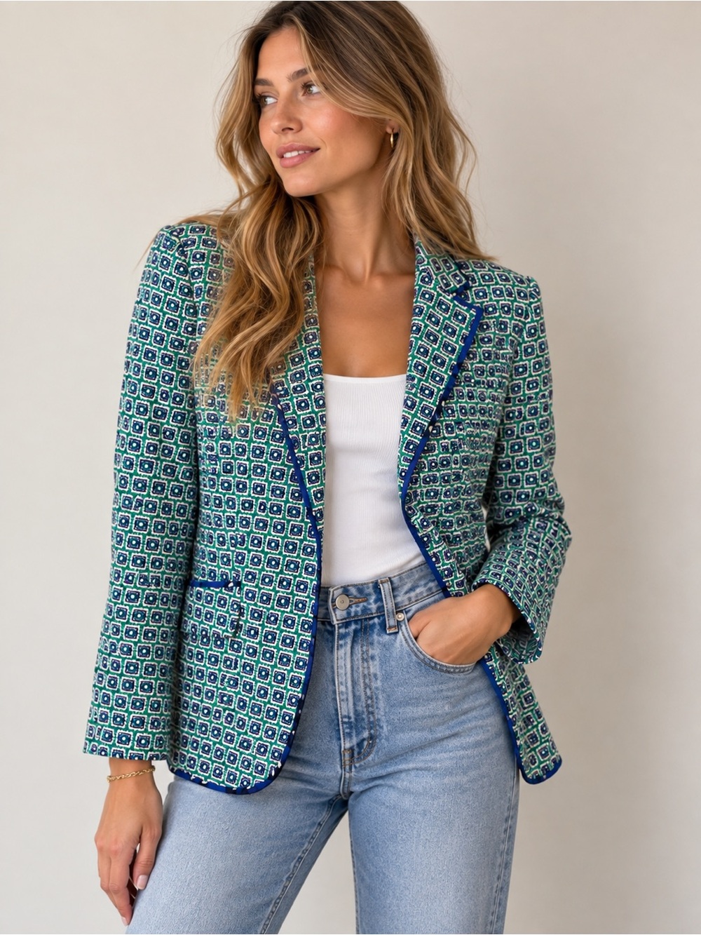 Diane von Furstenberg DVF Silk Trim Geometric Print Blazer Size 0